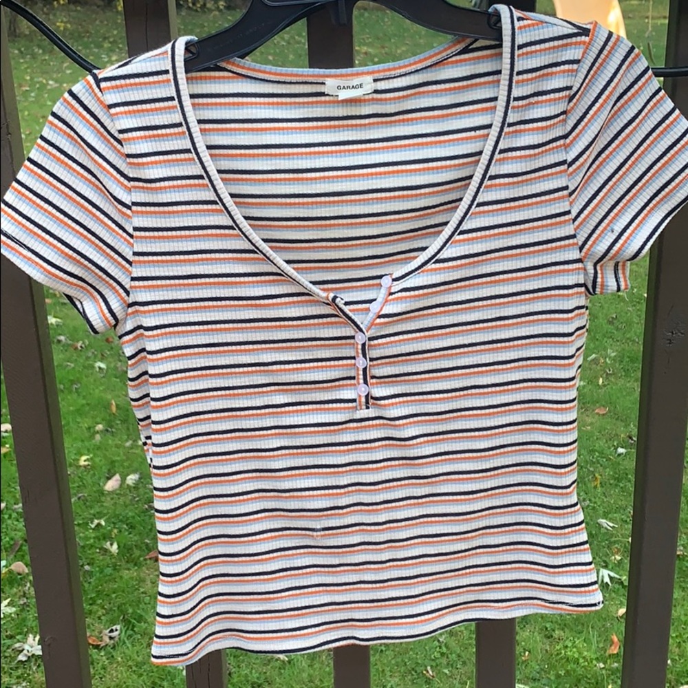 Garage Striped Ribbed V Neck Cropped T Shirt